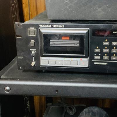 LOT:173: Large Media Cart with Klipsch and Other Speakers, Tascam Model 112R Cassette Player/Recorder Sony VHS Player/Recorder