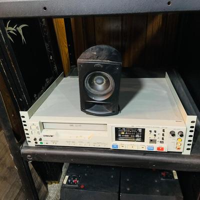 LOT:173: Large Media Cart with Klipsch and Other Speakers, Tascam Model 112R Cassette Player/Recorder Sony VHS Player/Recorder