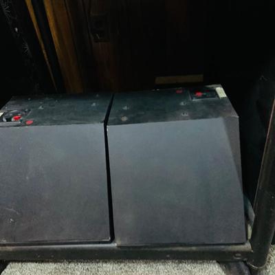 LOT:173: Large Media Cart with Klipsch and Other Speakers, Tascam Model 112R Cassette Player/Recorder Sony VHS Player/Recorder