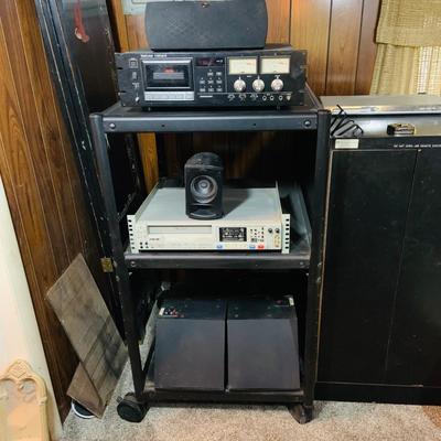 LOT:173: Large Media Cart with Klipsch and Other Speakers, Tascam Model 112R Cassette Player/Recorder Sony VHS Player/Recorder