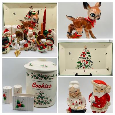 LOT 174: Large Assortment of Ceramic/ Porcelain Holiday Decor Featuring a Lenox Serving Dish, Napco Mr and Mrs Claus, and Much More