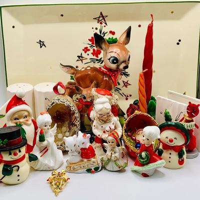 LOT 174: Large Assortment of Ceramic/ Porcelain Holiday Decor Featuring a Lenox Serving Dish, Napco Mr and Mrs Claus, and Much More