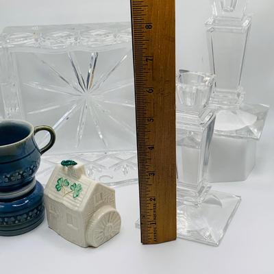 LOT 176: Irish Crystal and More Including Shannon Crystal Candlesticks and Square Basket, Belleek Ornament and More