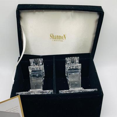 LOT 176: Irish Crystal and More Including Shannon Crystal Candlesticks and Square Basket, Belleek Ornament and More