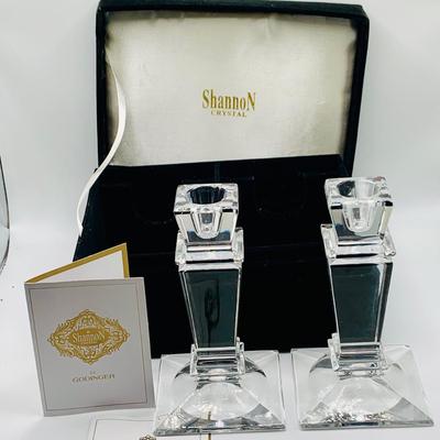 LOT 176: Irish Crystal and More Including Shannon Crystal Candlesticks and Square Basket, Belleek Ornament and More