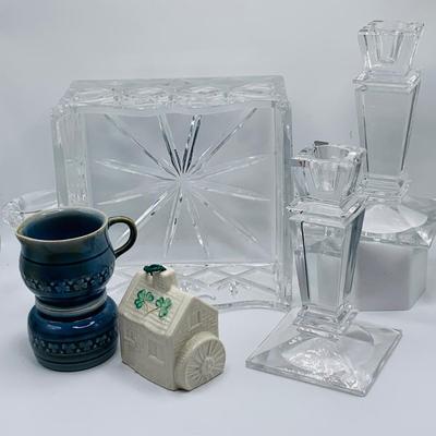 LOT 176: Irish Crystal and More Including Shannon Crystal Candlesticks and Square Basket, Belleek Ornament and More