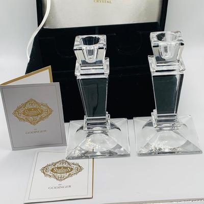 LOT 176: Irish Crystal and More Including Shannon Crystal Candlesticks and Square Basket, Belleek Ornament and More