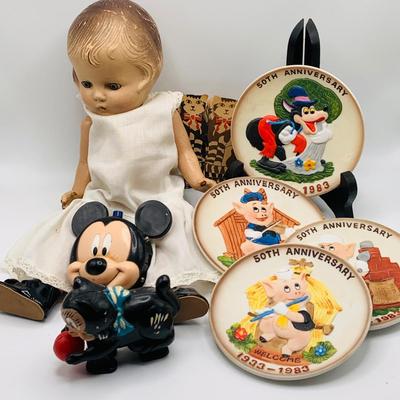 LOT 178: Collection of Vintage Toys Including Composite Doll, Disney Three Little Pigs Anniversary Plates, Mickey Mouse Digital. Clock...
