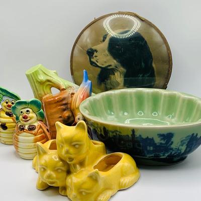 LOT 180: Victoria Ware Ironstone Bowl, Ceramic Cat Planter, Vintage Dog Picture, and Much More