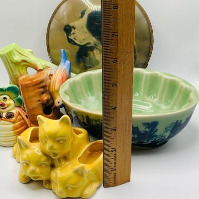 LOT 180: Victoria Ware Ironstone Bowl, Ceramic Cat Planter, Vintage Dog Picture, and Much More
