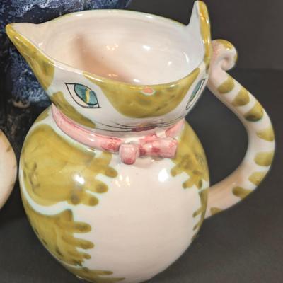 LOT 191: H. Berger Wien Ceramic Blue Cat Pitcher, Hand Painted Italian Kitty Pitcher and More