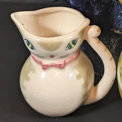 LOT 191: H. Berger Wien Ceramic Blue Cat Pitcher, Hand Painted Italian Kitty Pitcher and More