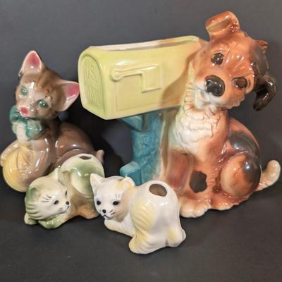 LOT 192: Vintage Doggie w/Mailbox Planter, Kitten w/Ball of Yarn Figure, and 2 Kitty Air Diffusers or Catus Planters