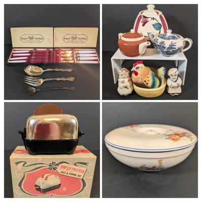 LOT 194: Vintage Kitchen Collection: Regent Sheffield Steak Knives, Norcrest Hen on Nest w/Egg Salt/Pepper Shakers, Shawnee Salt/Peppers...