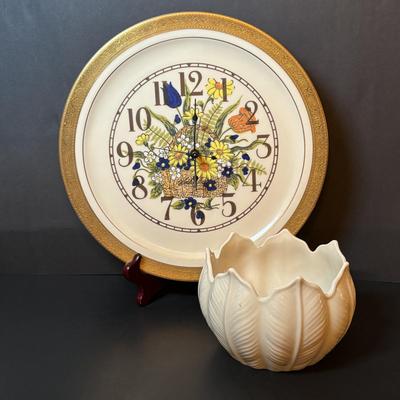 LOT 100: Unique Lenox "Plate" Wall Clock & Palmetto Bowl