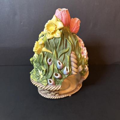 LOT 101: Spring Themed Paintings, Party Lite Spring Flower Basket Tealight Candle Holder & White Ceramic Rabbits