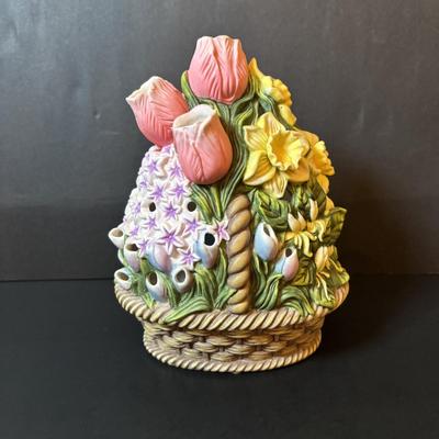 LOT 101: Spring Themed Paintings, Party Lite Spring Flower Basket Tealight Candle Holder & White Ceramic Rabbits
