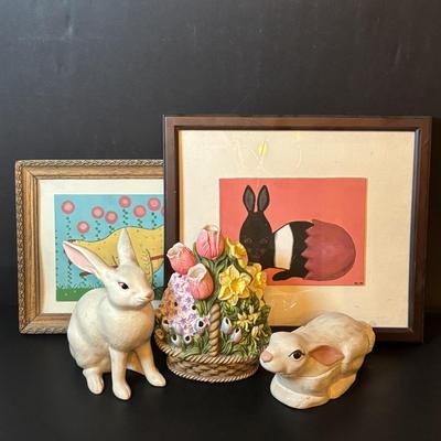 LOT 101: Spring Themed Paintings, Party Lite Spring Flower Basket Tealight Candle Holder & White Ceramic Rabbits