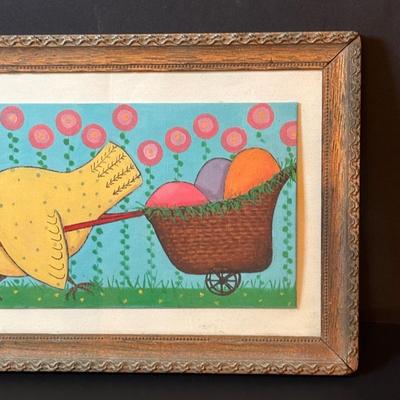 LOT 101: Spring Themed Paintings, Party Lite Spring Flower Basket Tealight Candle Holder & White Ceramic Rabbits