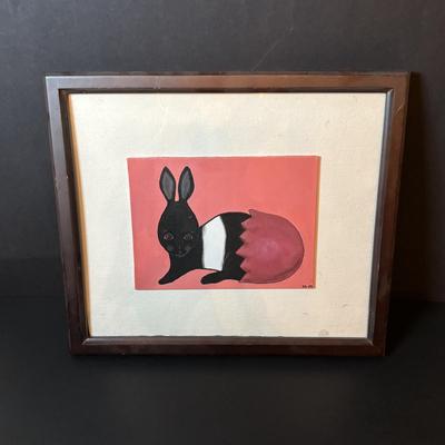LOT 101: Spring Themed Paintings, Party Lite Spring Flower Basket Tealight Candle Holder & White Ceramic Rabbits