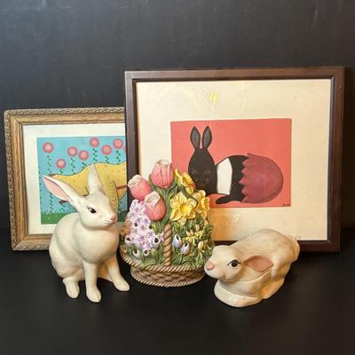 LOT 101: Spring Themed Paintings, Party Lite Spring Flower Basket Tealight Candle Holder & White Ceramic Rabbits