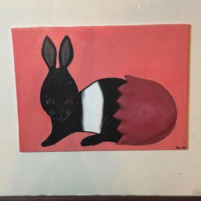 LOT 101: Spring Themed Paintings, Party Lite Spring Flower Basket Tealight Candle Holder & White Ceramic Rabbits