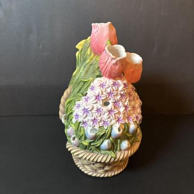 LOT 101: Spring Themed Paintings, Party Lite Spring Flower Basket Tealight Candle Holder & White Ceramic Rabbits