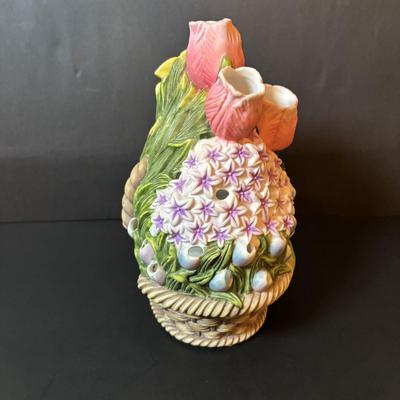 LOT 101: Spring Themed Paintings, Party Lite Spring Flower Basket Tealight Candle Holder & White Ceramic Rabbits