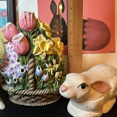 LOT 101: Spring Themed Paintings, Party Lite Spring Flower Basket Tealight Candle Holder & White Ceramic Rabbits