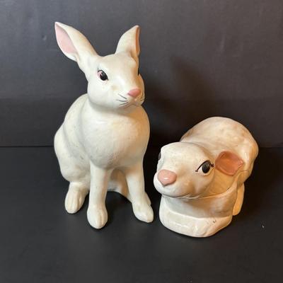 LOT 101: Spring Themed Paintings, Party Lite Spring Flower Basket Tealight Candle Holder & White Ceramic Rabbits