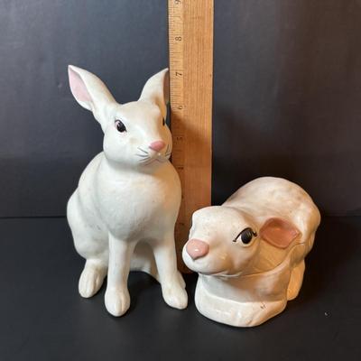 LOT 101: Spring Themed Paintings, Party Lite Spring Flower Basket Tealight Candle Holder & White Ceramic Rabbits