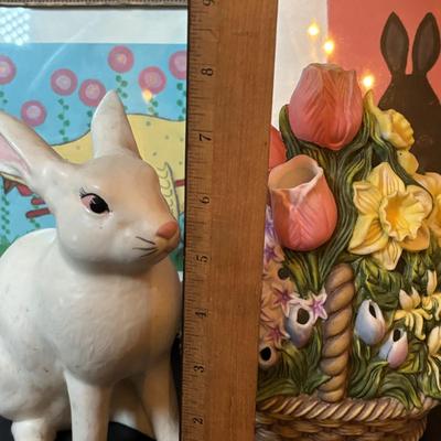LOT 101: Spring Themed Paintings, Party Lite Spring Flower Basket Tealight Candle Holder & White Ceramic Rabbits