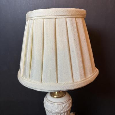 LOT 223: Lenox Accent Lamp, Carved Tea Light Lamps/Set of 2 and Pedestal Candy Bowl