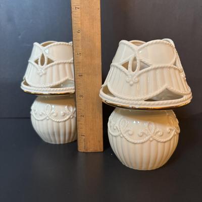 LOT 223: Lenox Accent Lamp, Carved Tea Light Lamps/Set of 2 and Pedestal Candy Bowl