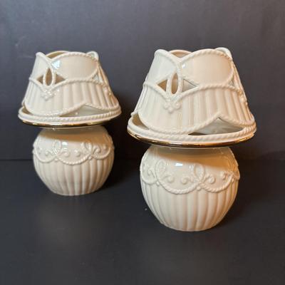 LOT 223: Lenox Accent Lamp, Carved Tea Light Lamps/Set of 2 and Pedestal Candy Bowl