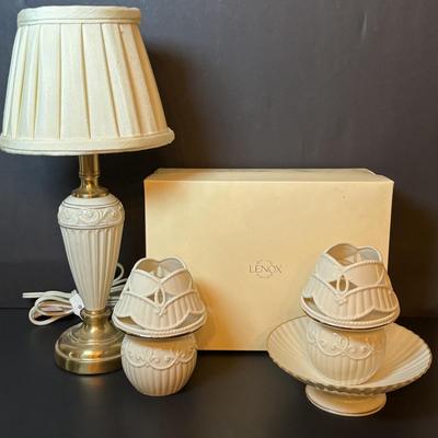 LOT 223: Lenox Accent Lamp, Carved Tea Light Lamps/Set of 2 and Pedestal Candy Bowl