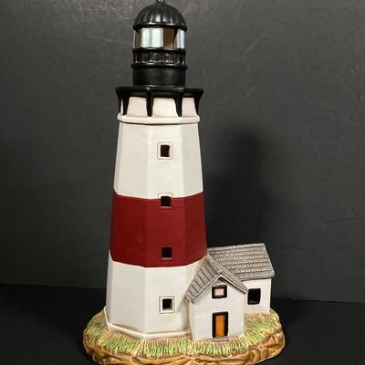 LOT 246: George Z. Lefton Montauk Lighthouse with Collection of Ceramic / Pottery Bird Figurines