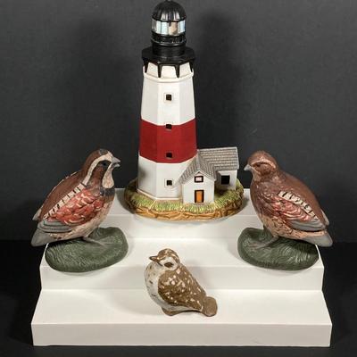 LOT 246: George Z. Lefton Montauk Lighthouse with Collection of Ceramic / Pottery Bird Figurines