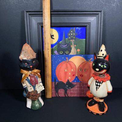 LOT 250: Black Cat Decorative Collection - Paintings and Figurines (Bobblehead and More)