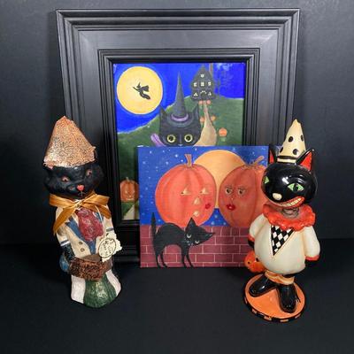 LOT 250: Black Cat Decorative Collection - Paintings and Figurines (Bobblehead and More)