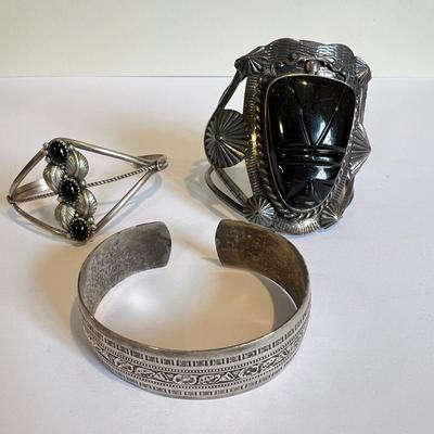 Sterling Silver Onyx Cuff Bracelet Lot - Danecraft, Vintage