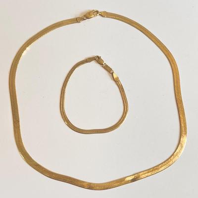 14K Gold Herringbone Necklace Bracelet Set 17.83 Grams