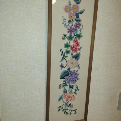 Framed Floral Design Needlework Wall Hanging- Approx 30" x 10 1/4"