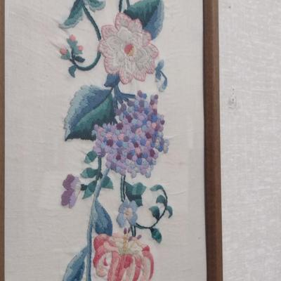 Framed Floral Design Needlework Wall Hanging- Approx 30" x 10 1/4"