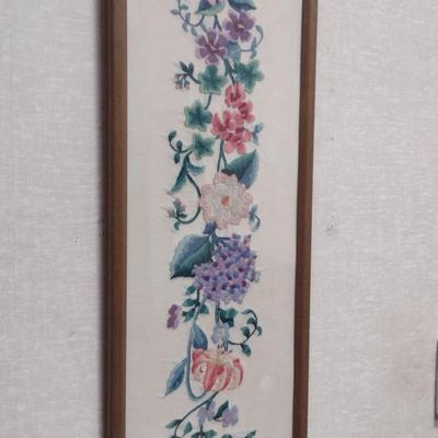 Framed Floral Design Needlework Wall Hanging- Approx 30" x 10 1/4"