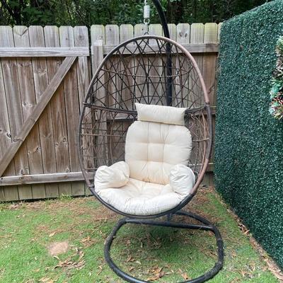 Sale Photo Thumbnail #75: Outdoor Hanging Egg Chair with Stand and Cushion. The cushion needs to be cleaned.

Base: 41” x 36.5” 
About 74” tall