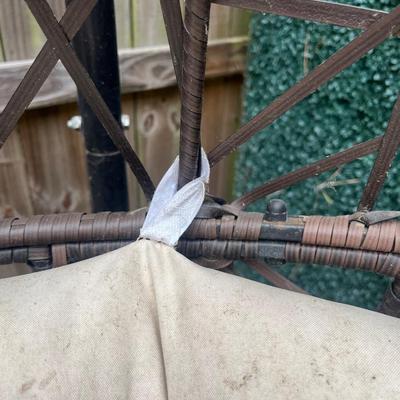 Sale Photo Thumbnail #80: Outdoor Hanging Egg Chair with Stand and Cushion. The cushion needs to be cleaned.

Base: 41” x 36.5” 
About 74” tall