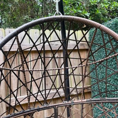 Sale Photo Thumbnail #76: Outdoor Hanging Egg Chair with Stand and Cushion. The cushion needs to be cleaned.

Base: 41” x 36.5” 
About 74” tall