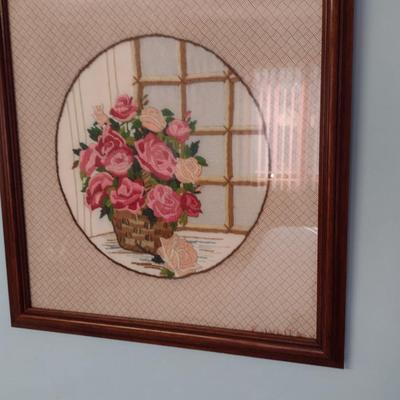 Framed Floral Basket Design Needlework Wall Art- Approx 19" Square