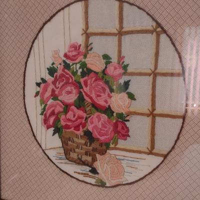 Framed Floral Basket Design Needlework Wall Art- Approx 19" Square